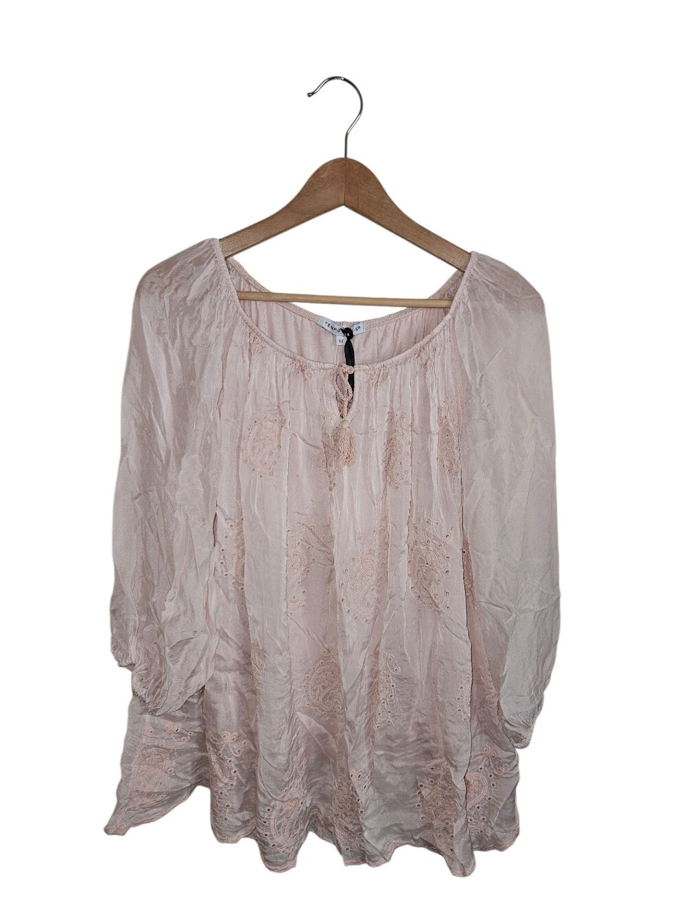 Tempo Paris Bohemian Eyelet Silk Blend Flowy Peasant Top Blush Pink Size M NEW